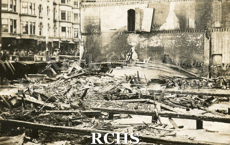 Postcard. Black and white photograph of the wreckage following the April 1913 Milwaukee Street fire.