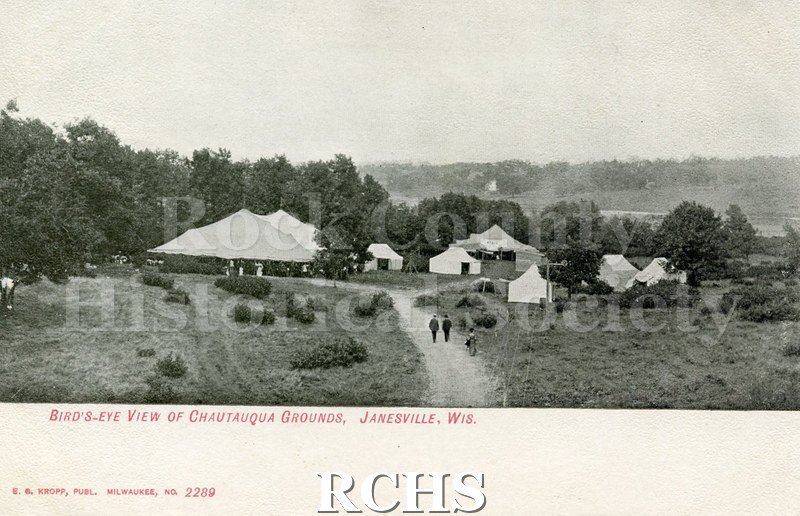 Postcard of Chautauqua Grounds. Black and White image with red text. Reverse has no writing, postmark or stamp.
