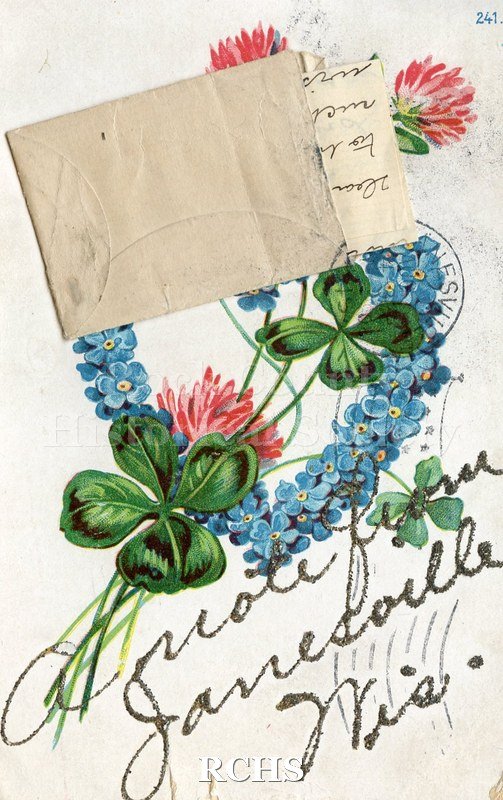 Historic image of Floral Post Card with "A note from/ Janesville/ Wis." in glitter on front. Minitature envelope with handwritten note in black ink affixed to front.