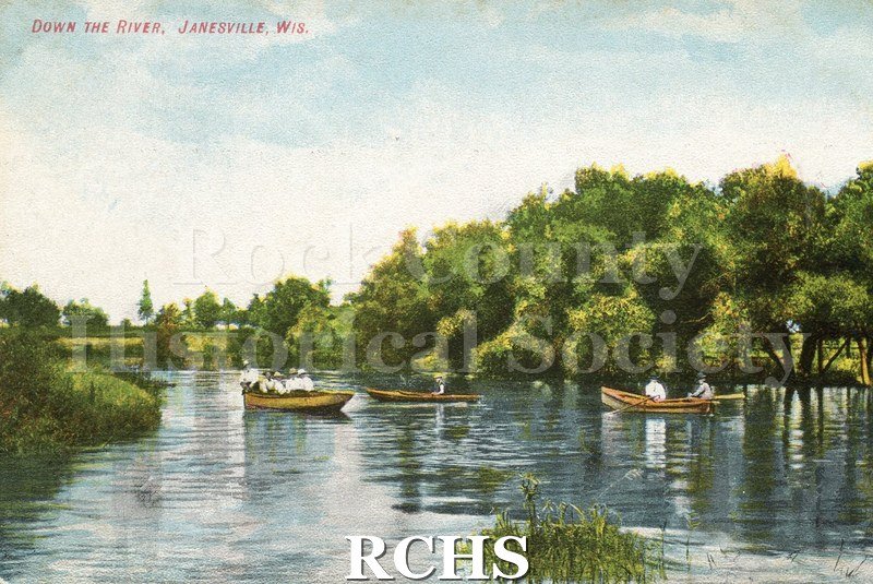 Postcard. Tinted image of people in canoes on the Rock River.