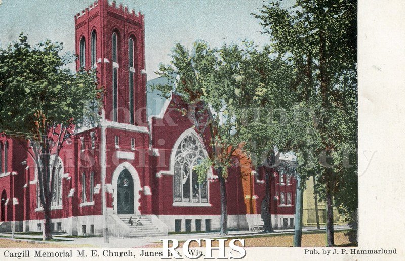 Postcard. Tinted image of the exterior of Cargill Memorial Methodist Church. Postmarked 11 October 1909. Addressed to Carmilia Jacobson of Edgerton.