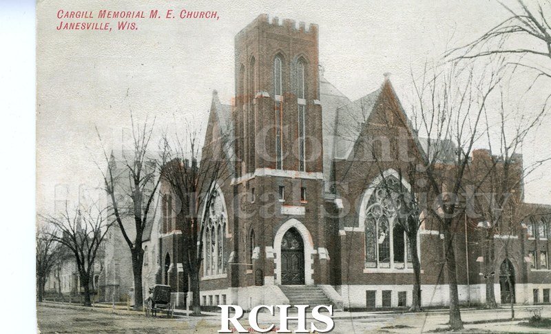 Postcard. Tinted image of the exterior of Cargill Memorial Methodist Church in Janesville.