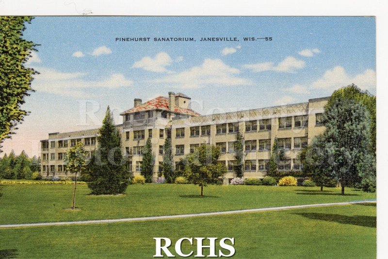 Colorful postcard of Pinehurst Sanatorium with trees in foreground. Reverse gives information on the sanatorium. No writing on reverse.