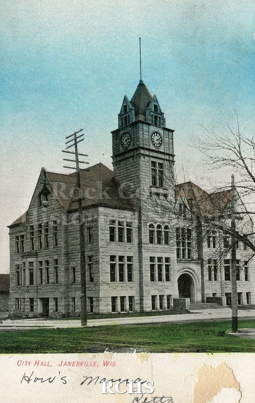 Colored postcard with picture of City Hall, Janesville, Wis., on front. Written on bottom: "How's mama. Retta". Addressed to: "Mrs. A. Murphy, Oregon, Wis.