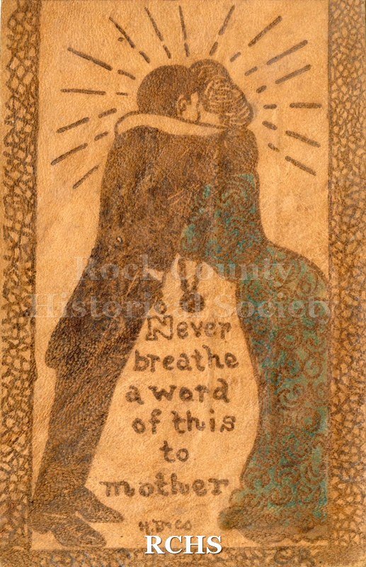 Historic image of Brown leather post card with cartoon of man and woman in blue dress kissing with text "Never/ breathe/ a word/ of this/ to / mother".