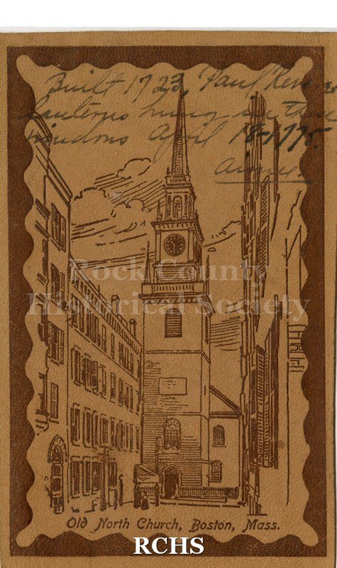 Brown leather post card with image of church with "Old North Church, Boston, Mass." on bottom. Note in black ink at top. Reverse addressed to "Mrs. M.J.