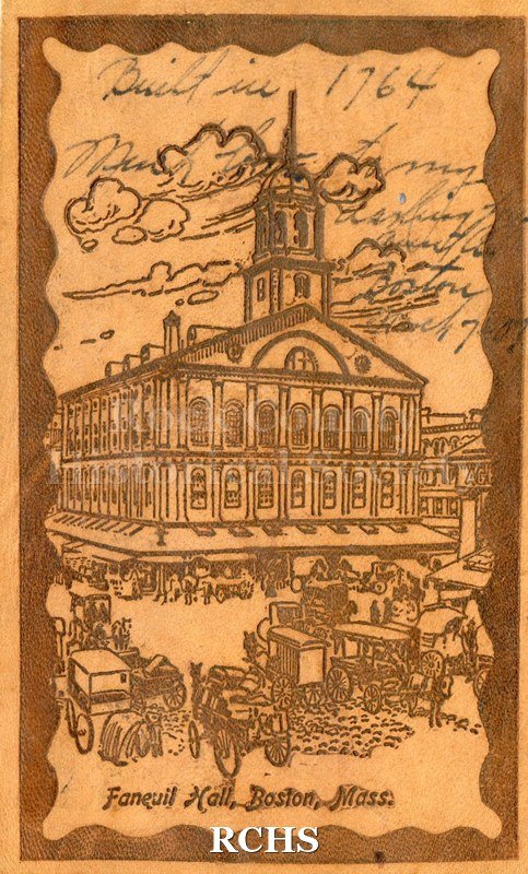 Brown leather post card with image of building with "Faneuil Hall, Boston, Mass." on bottom. Note in black ink written at top. Reverse addressed to Oscar L.