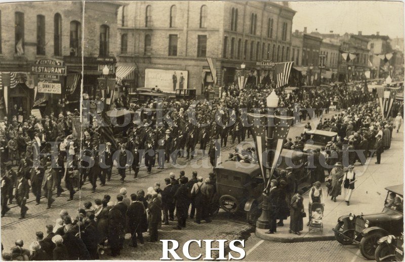 Historic image of Grand Army of the Republic (Civil War Veterans) Parade 1924 down Main Street in Janesville.