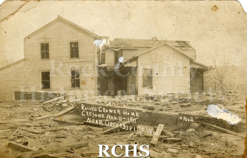 Postcard. Ruins Crower home cyclone Nov. 11,1911, near Orfordville, Wis.