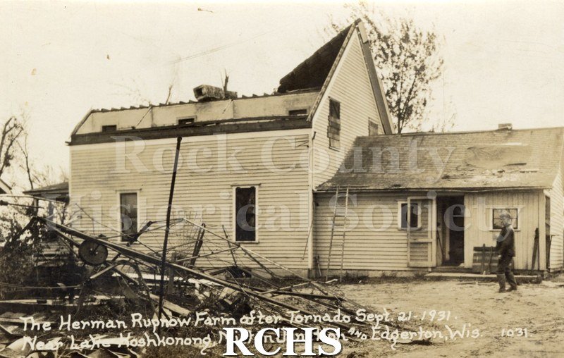 Postcard. The Herman Rupnow farm after tornado Sept.21, 1931, near Lake Koshkonong, Milton Junction and Edgerton,Wis.