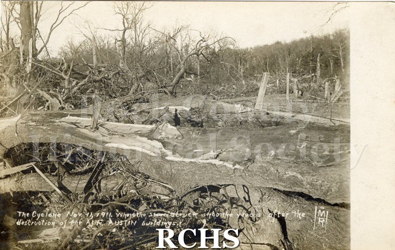 Historic image of Tornado Nov 11, 1911: The cyclone No.11, 1911, where the struck into the woods after the destruction of the Alf Austin buildings.