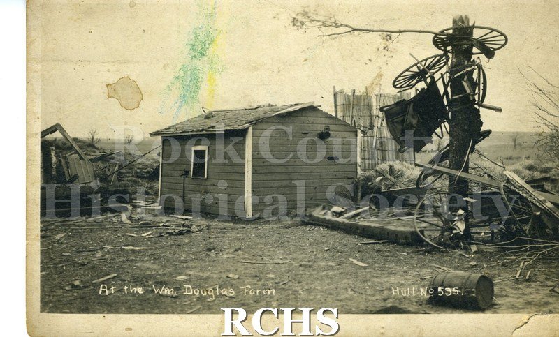 Postcard. At the Wm. Douglas farm: cyclone Nov. 11,1911.