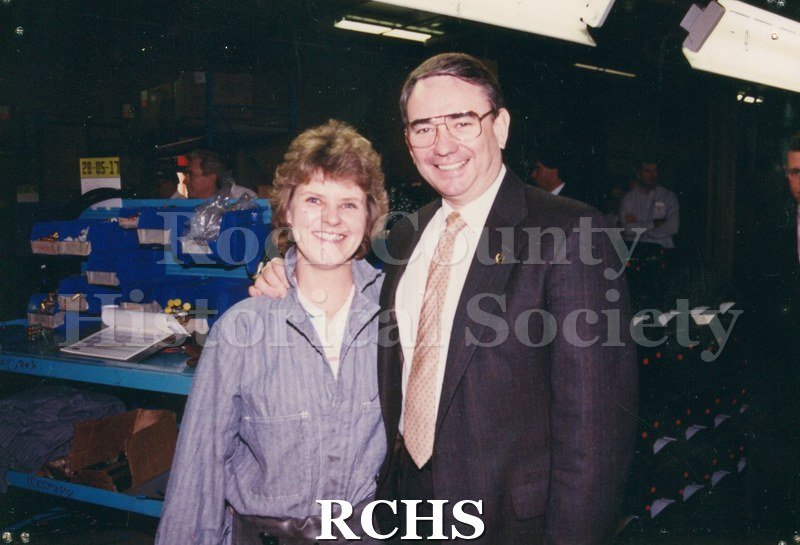 Photograph of Cheryl Keeling with Governor Tommy Thompson when he visited the Janseville Assembly plant in 1989 - Digital Donation.