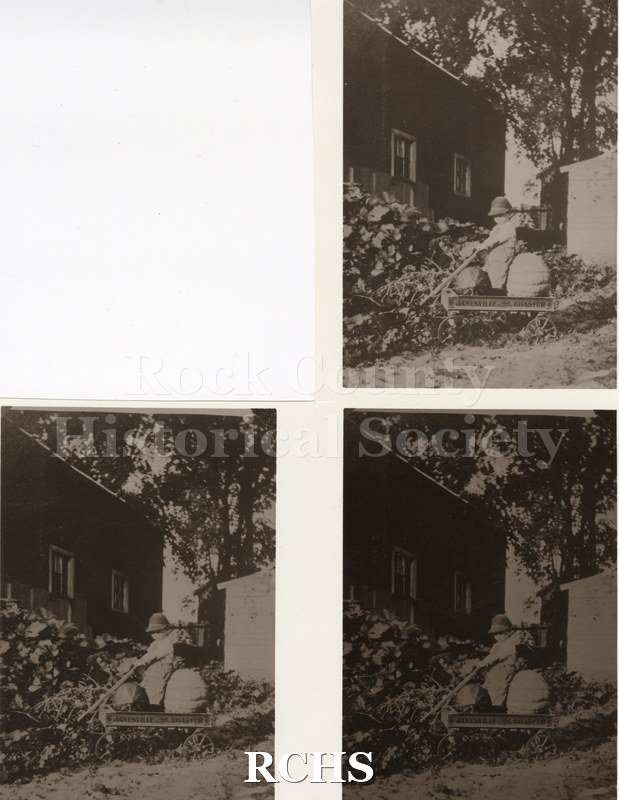Historic image of Black and white print of three photographs, Lloyd Miles in a Janesville Coaster Wagon, with pumpkin and watermelon.