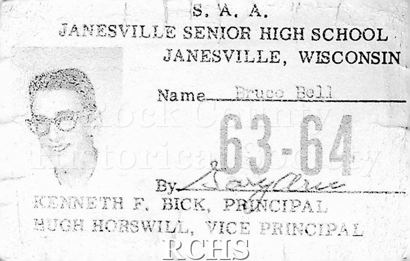 Photo identification card Janesville Senior High School. 1963-1964. Photogragh of Bruce Bell.