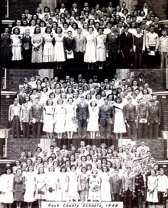 Three black and white photographs of Rock County Schools, 1948 Class photographs in front of the schools Twelve-year-old Naomi Hackbarth, RCHS volunteer, is in the.