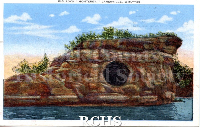 Postcard. Color postcard of Rock of Monterey, Janesville, Wis. postmarked Cincinnati, Ohio, July 25, 1949. Card is addressed to Joseph M.