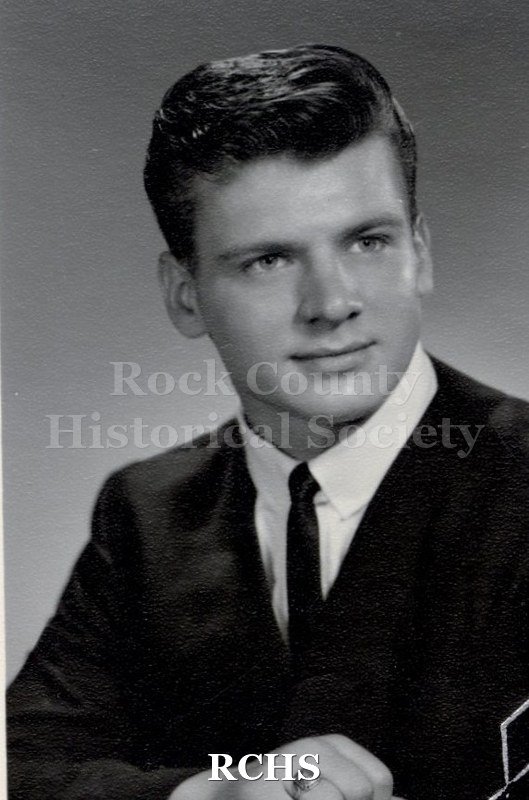 Black and white portrait of an unidentified young man, Janesville High School graduate. Photo was from the personal collection of Bruce Bell, JHS class of 1965.