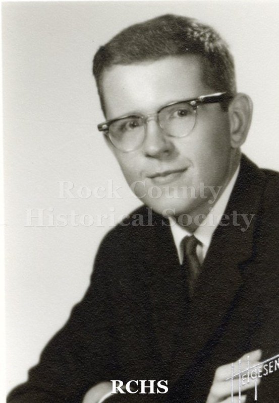 Black and white portrait of an unidentified young man, Janesville High School graduate. Photo was from the personal collection of Bruce Bell, JHS class of 1965.