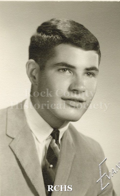 Black and white portrait of an unidentified young man, Janesville High School graduate. Photo was from the personal collection of Bruce Bell, JHS class of 1965.