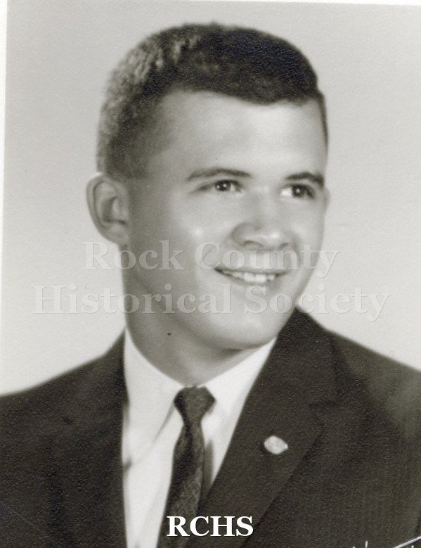 Black and white portrait of an unidentified young man, Janesville High School graduate. Photo was from the personal collection of Bruce Bell, JHS class of 1965.