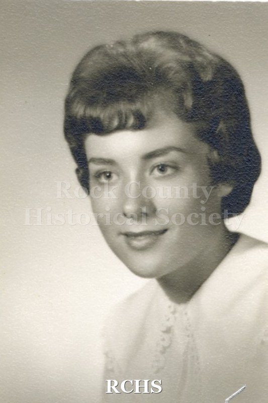 Black and white portrait of an unidentified young woman, Janesville High School graduate. Photo was from the personal collection of Bruce Bell, JHS class of 1965.