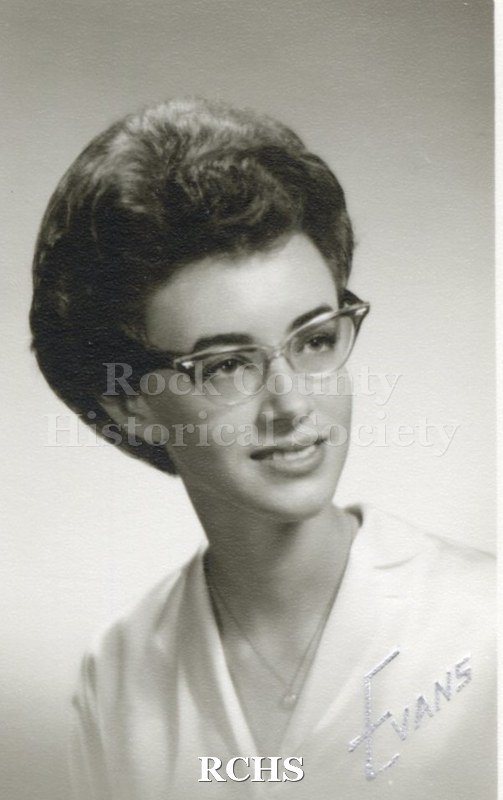 Black and white portrait of an unidentified young woman, Janesville High School graduate. Photo was from the personal collection of Bruce Bell, JHS class of 1965.