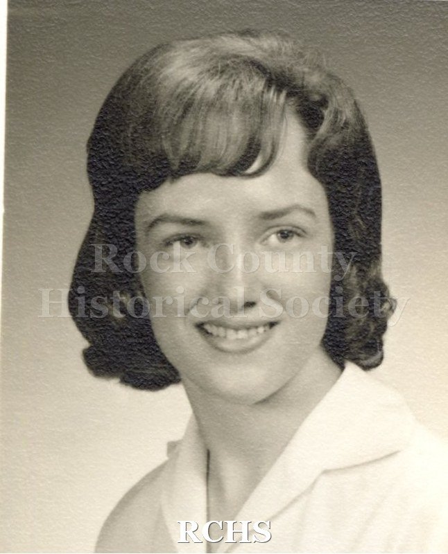 Black and white portrait of an unidentified young woman, Janesville High School graduate. Photo was from the personal collection of Bruce Bell, JHS class of 1965.