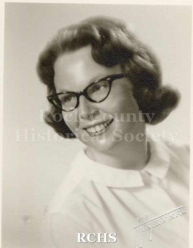 Black and white portrait of an unidentified young woman, Janesville High School graduate. Photo was from the personal collection of Bruce Bell, JHS class of 1965.