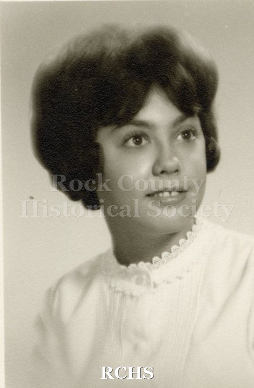 Black and white portrait of an unidentified young woman, Janesville High School graduate. Photo was from the personal collection of Bruce Bell, JHS class of 1965.