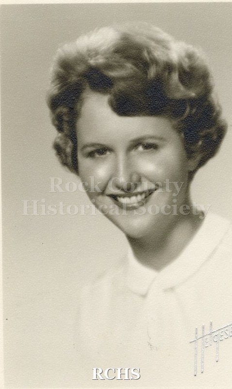 Black and white portrait of an unidentified young woman, Janesville High School graduate. Photo was from the personal collection of Bruce Bell, JHS class of 1965.