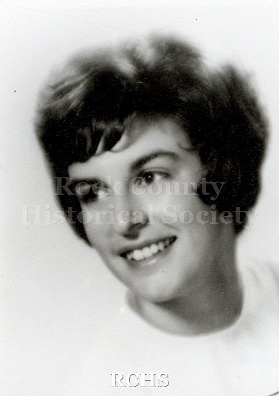 Black and white portrait of an unidentified young woman, Janesville High School graduate. Photo was from the personal collection of Bruce Bell, JHS class of 1965.