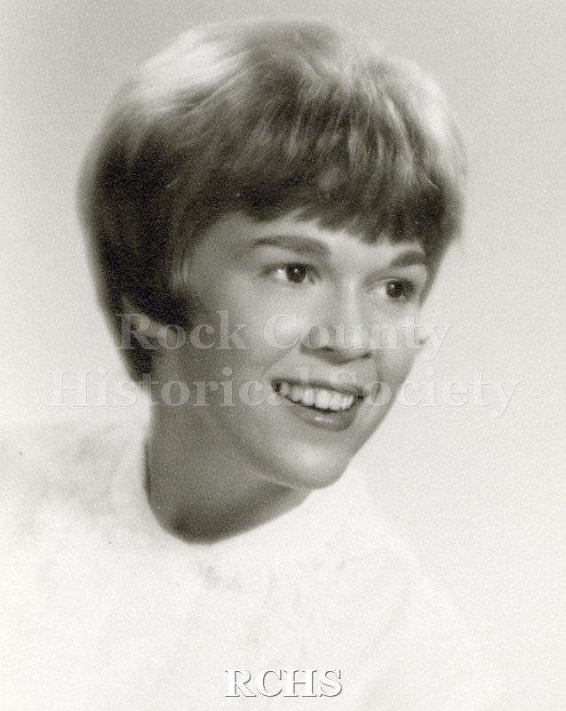 Black and white portrait of an unidentified young woman, Janesville High School graduate. Photo was from the personal collection of Bruce Bell, JHS class of 1965.