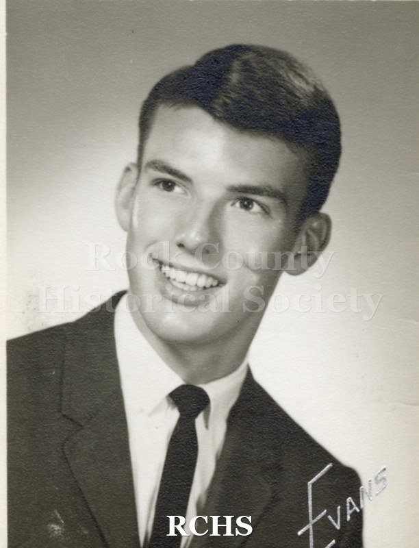 Black and white portrait of an unidentified young man, Janesville High School graduate. Photo was from the personal collection of Bruce Bell, JHS class of 1965.
