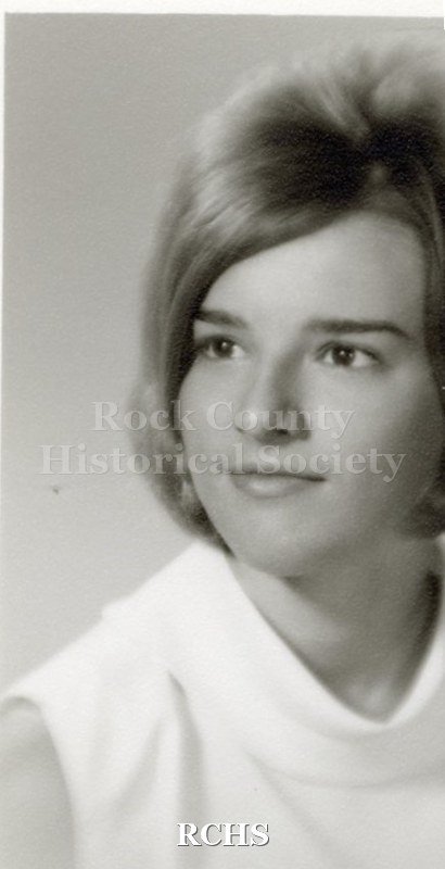 Black and white portrait of an unidentified young woman, Janesville High School graduate. Photo was from the personal collection of Bruce Bell, JHS class of 1965.