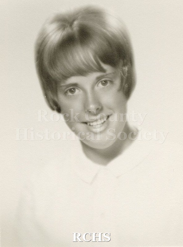 Black and white portrait of an unidentified young woman, Janesville High School graduate. Photo was from the personal collection of Bruce Bell, JHS class of 1965.