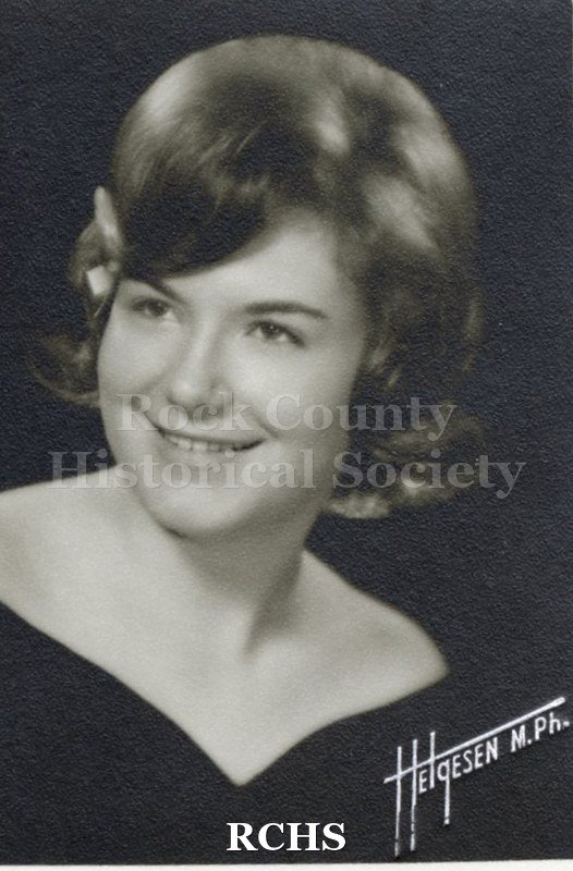 Black and white portrait of an unidentified young woman, Janesville High School graduate. Photo was from the personal collection of Bruce Bell, JHS class of 1965.