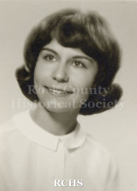 Black and white portrait of an unidentified young woman, Janesville High School graduate. Photo was from the personal collection of Bruce Bell, JHS class of 1965.