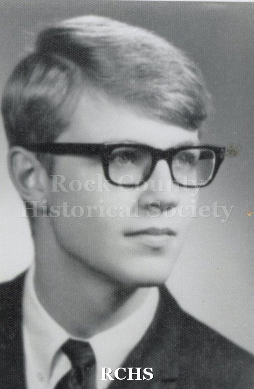 Black and white portrait of an unidentified young man, Janesville High School graduate. Photo was from the personal collection of Bruce Bell, JHS class of 1965.