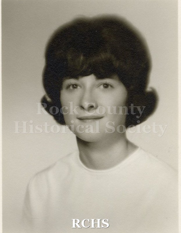 Black and white portrait of an unidentified young woman, Janesville High School graduate. Photo was from the personal collection of Bruce Bell, JHS class of 1965.