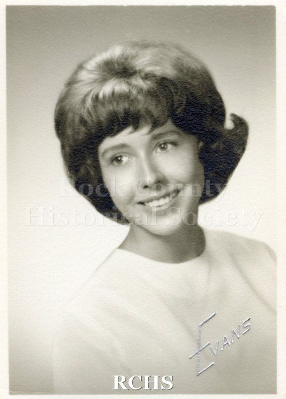 Black and white portrait of an unidentified young woman, Janesville High School graduate. Photo was from the personal collection of Bruce Bell, JHS class of 1965.