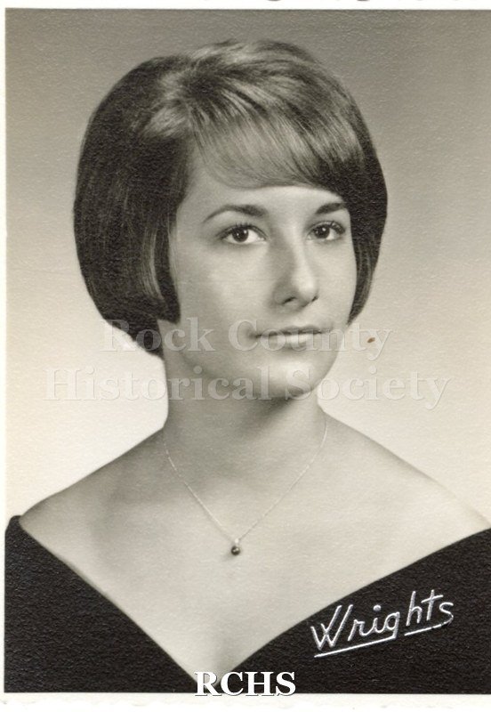 Black and white portrait of an unidentified young woman, Janesville High School graduate. Photo was from the personal collection of Bruce Bell, JHS class of 1965.