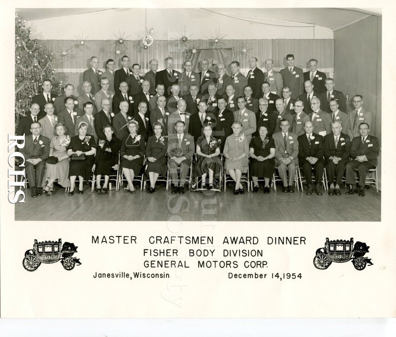 Black and white photograph of Master Craftsmen Award Dinner, Fisher Body Division, General Motors Corp., Janesville, Wisconsin, December 14, 1954.