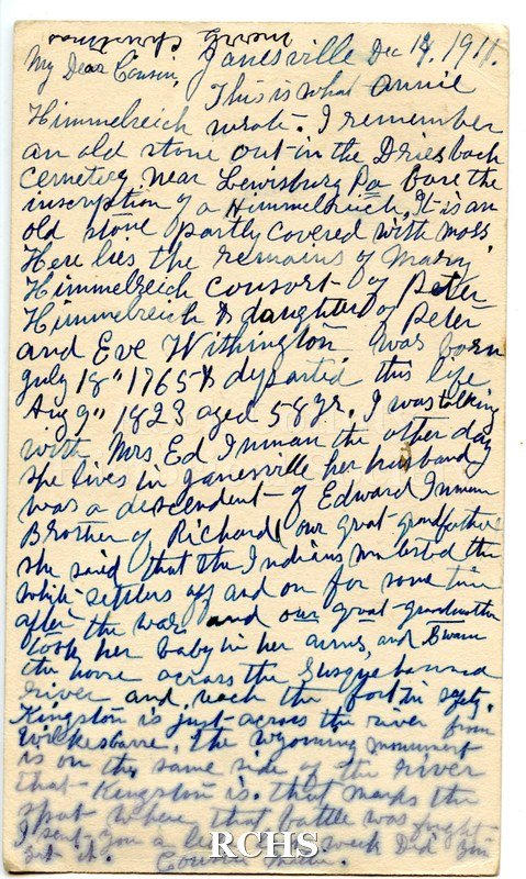 Postcard with handwritten note in small print in blue ink. Reverse postmarked "Janesville/ Dec 14/ 12-M/ 1911" and addressed to "Mrs. Agnes. Beamer./ 436 Union Ave.