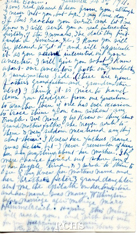 Postcard with handwritten note in small print in blue ink. Reverse postmarked "Janesville/ mar 3/ 2-30P/ 1911/ Wis" and addressed to "Mrs. Agnes.