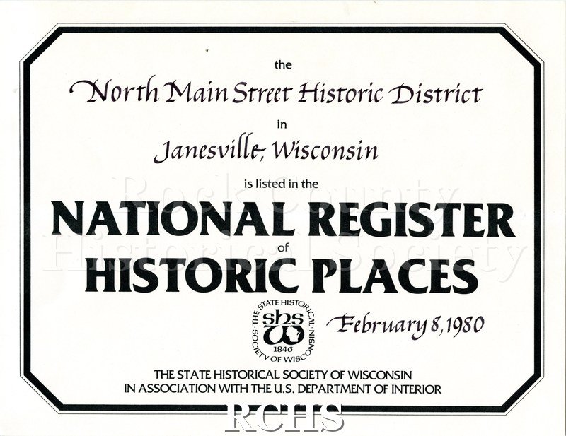 Historic image of Card entitled "The North Main Street Historic District in Janesville, Wisconsin, is listed in the National Register of Historic Places, February.