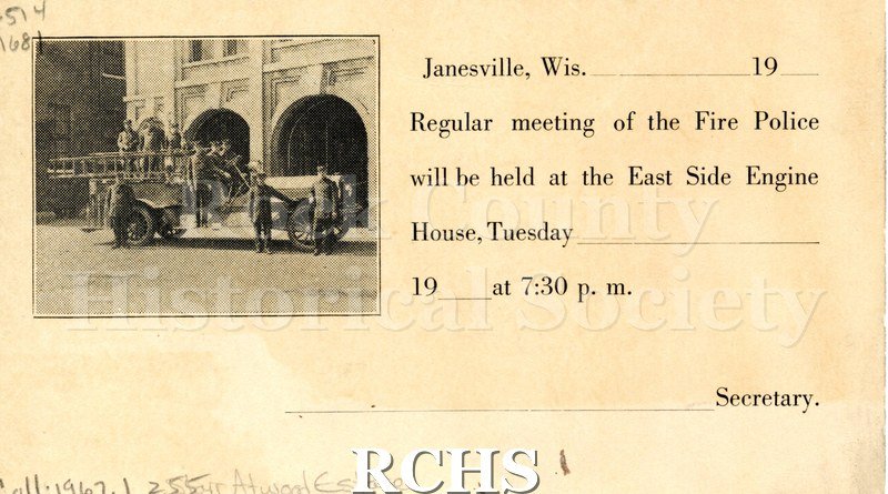 Historic image of Blank post card for Regular meeting of the Fire Police at East Side Engine House, Janesville, Wis., 19-.